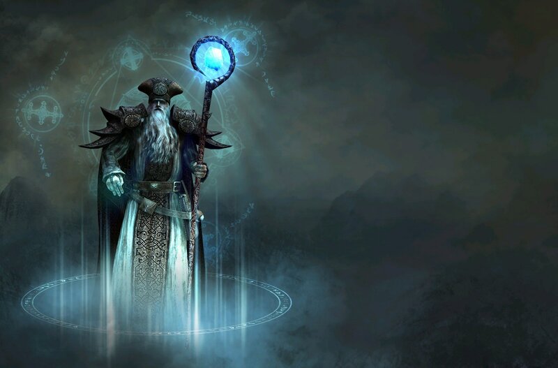 Wizard with Staff — Blue, Dramatic, Night, Digital Art