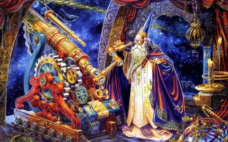Wizard with Telescope — Blue, Dramatic