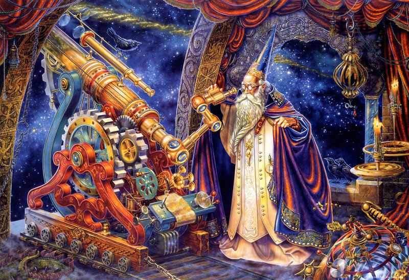 Wizard with telescope in observatory