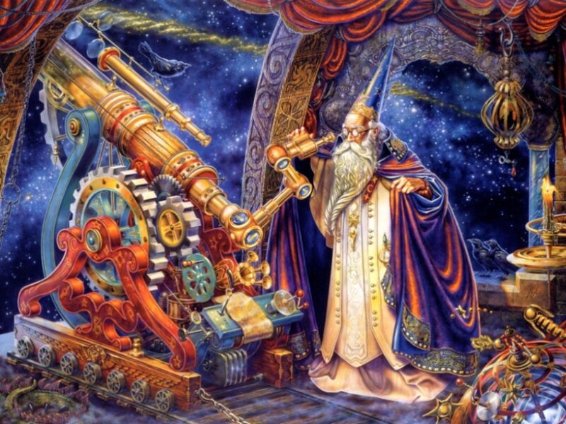 Wizard with telescope in starry observatory