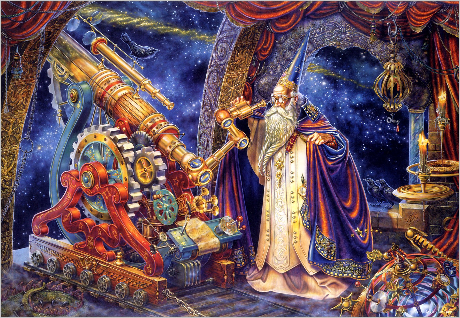 Wizard with telescope in starry room