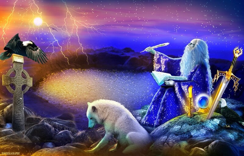 Wizard with Wolf and Eagle — Blue