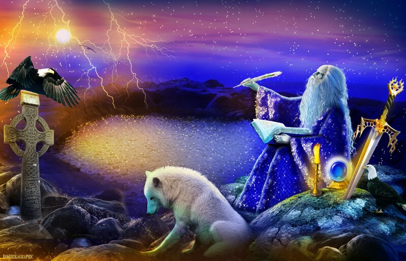Wizard with Wolf and Eagle