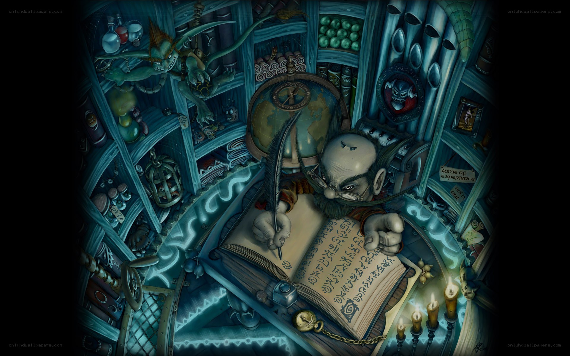 wizard writing in a cluttered study