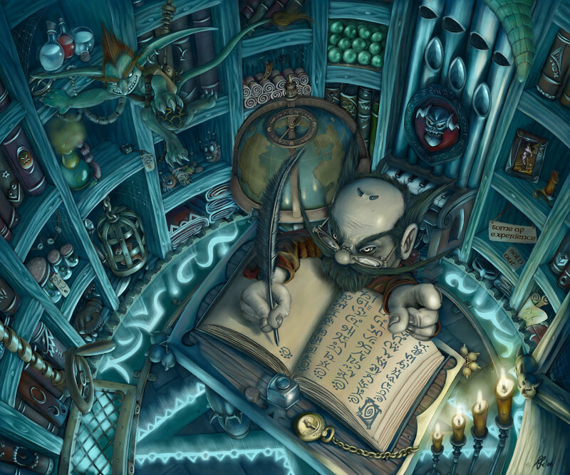 wizard writing in a cluttered study