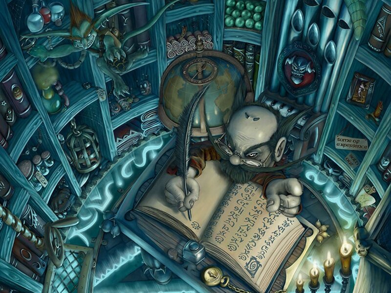 wizard writing in a cluttered study