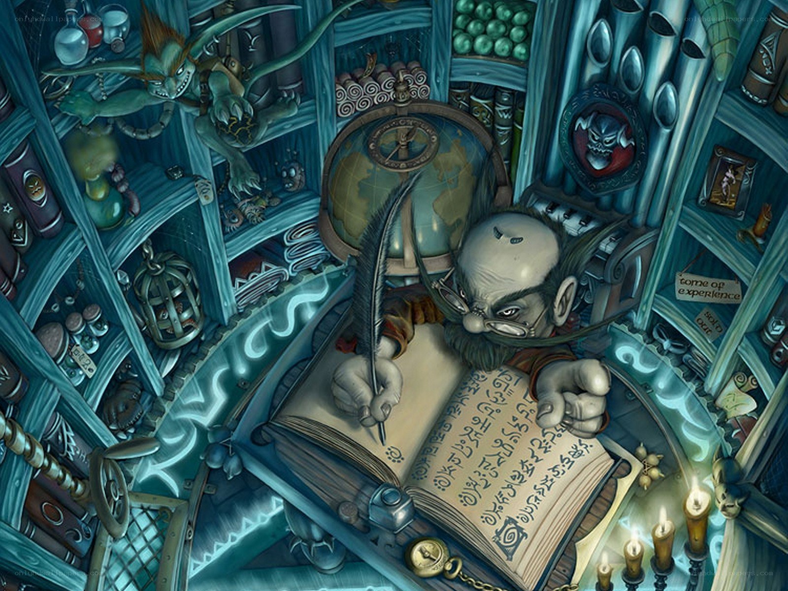 wizard writing in a cluttered study