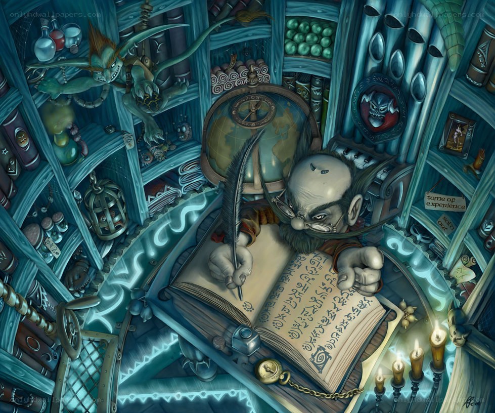 Wizard writing in a cluttered study