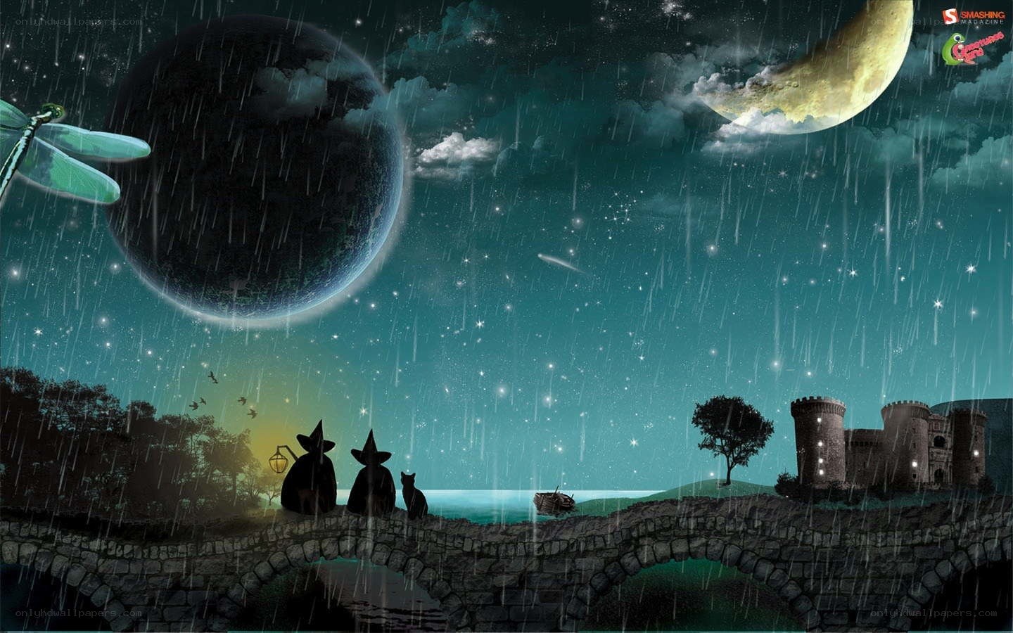 Wizards on a rainy bridge