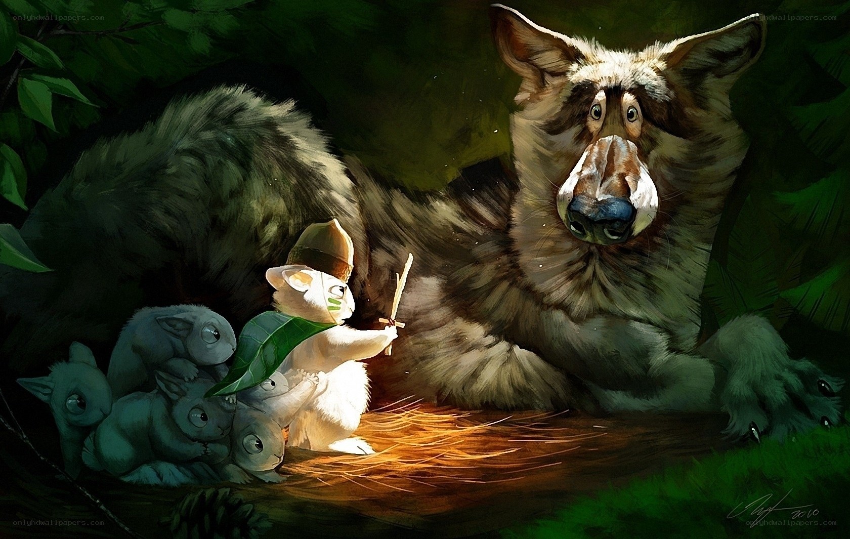 Wolf and baby animals in forest