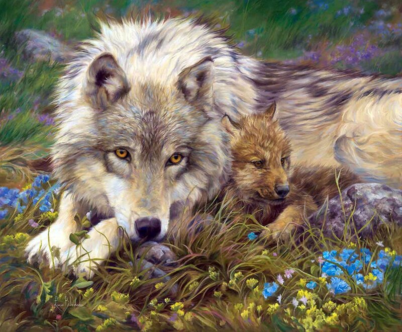 Wolf and Cub in Flowers