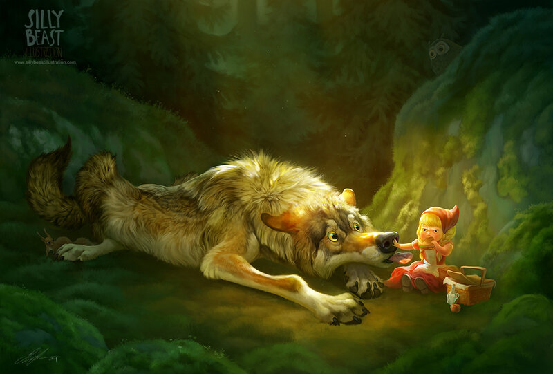 Wolf and Girl in Forest — Green
