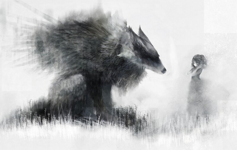 wolf and girl in mist