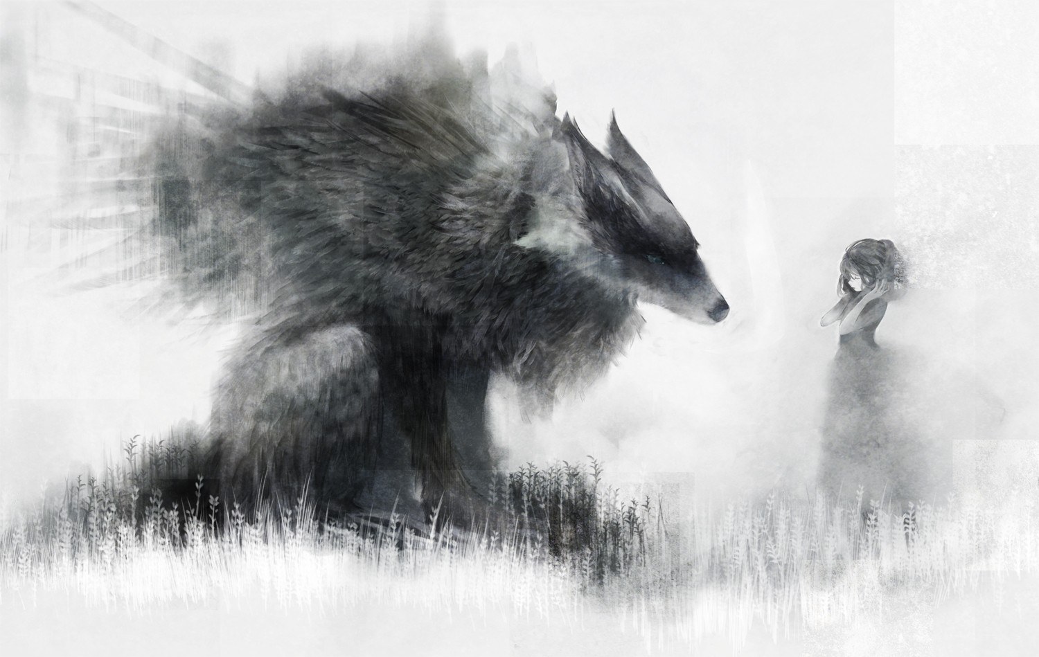 wolf and girl in mist