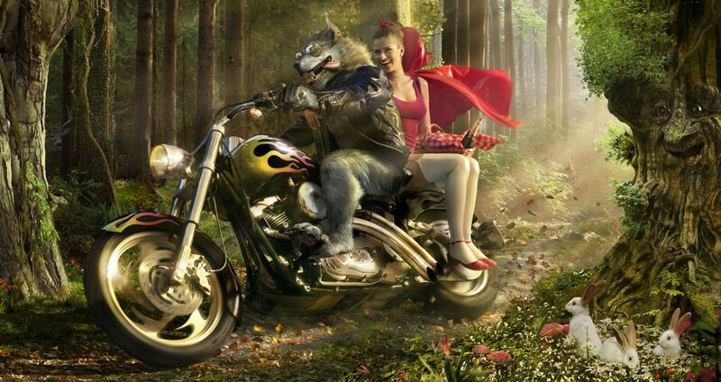 Wolf and Girl on Motorcycle — Green