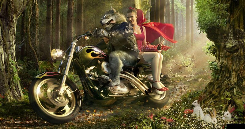 Wolf and Girl on Motorcycle — Green, Whimsical, Afternoon, Digital Art, Forest, Bunnies, Mushrooms