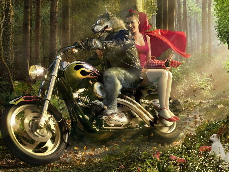 Wolf and Girl on Motorcycle — Green, Whimsical, Afternoon, Digital Art, Forest, Rabbit, Red Cape, Brown