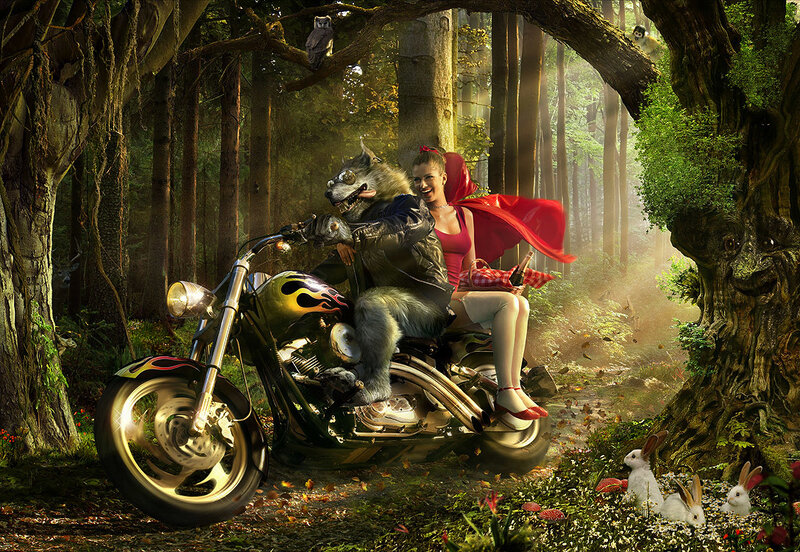 Wolf and Girl on Motorcycle — Green, Whimsical, Afternoon, Digital Art, Forest, Rabbit