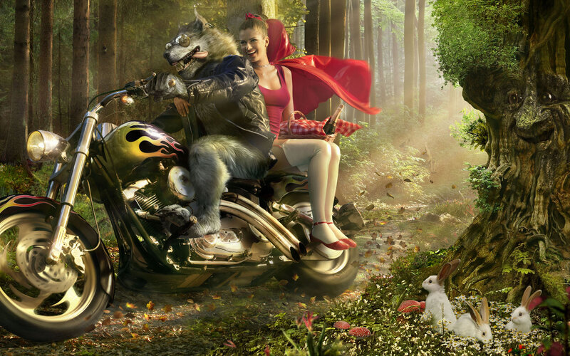 Wolf and Girl on Motorcycle — Green, Whimsical, Afternoon, Digital Art