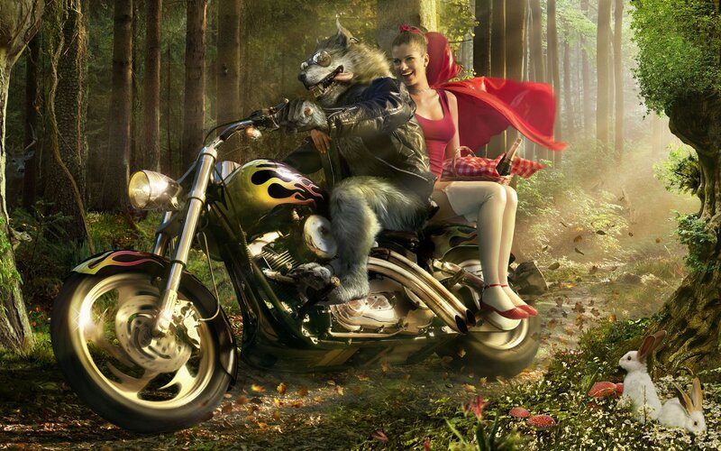 Wolf and Girl on Motorcycle