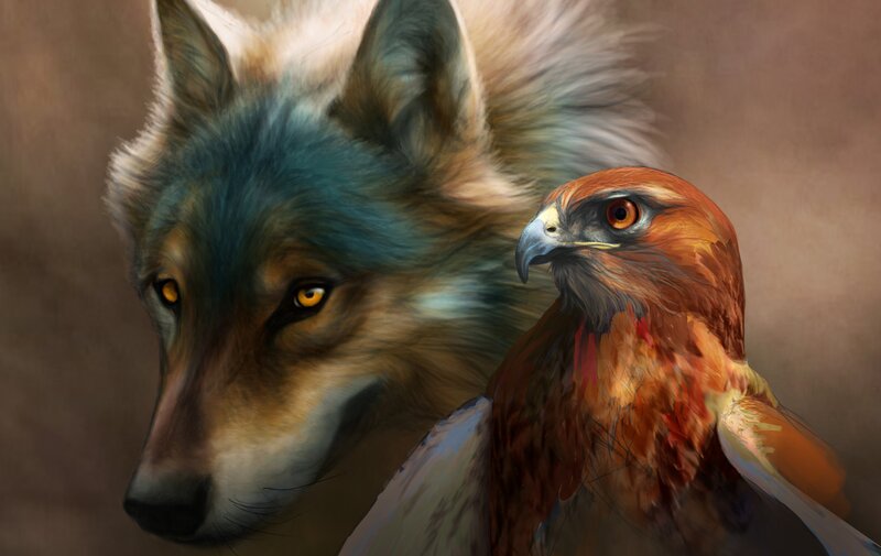 Wolf and Hawk — Brown, Dramatic, Digital Art, Animal