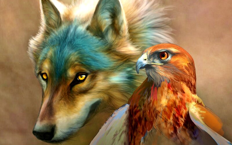 Wolf and Hawk — Brown, Dramatic, Digital Art