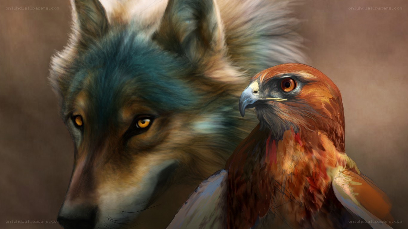 wolf and hawk portrait
