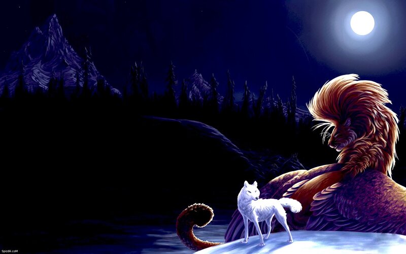wolf and lion under moonlight