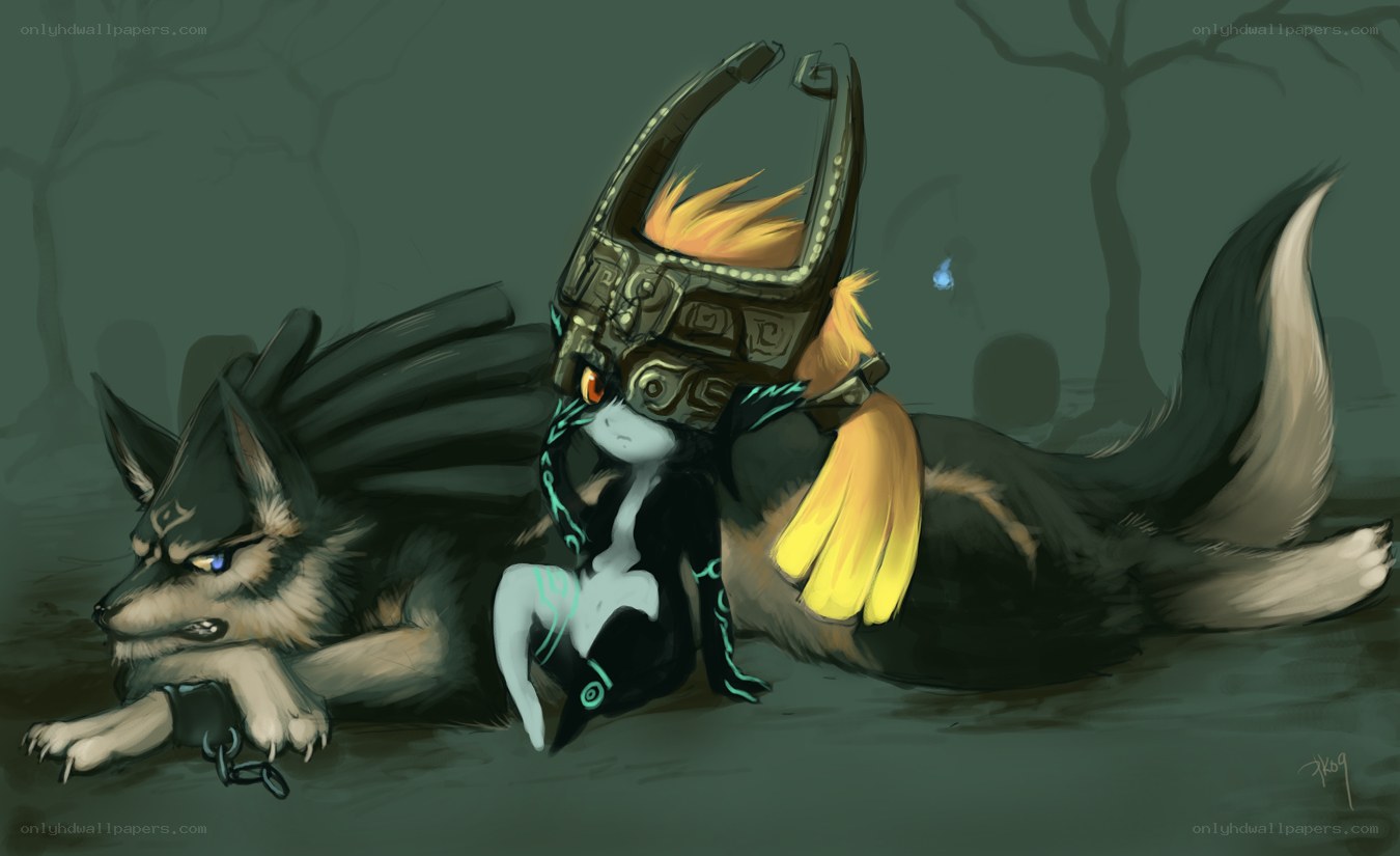 wolf and masked figure in forest