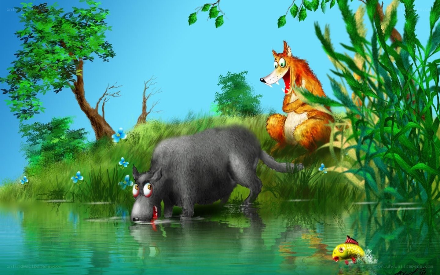 Wolf and pig at the pond
