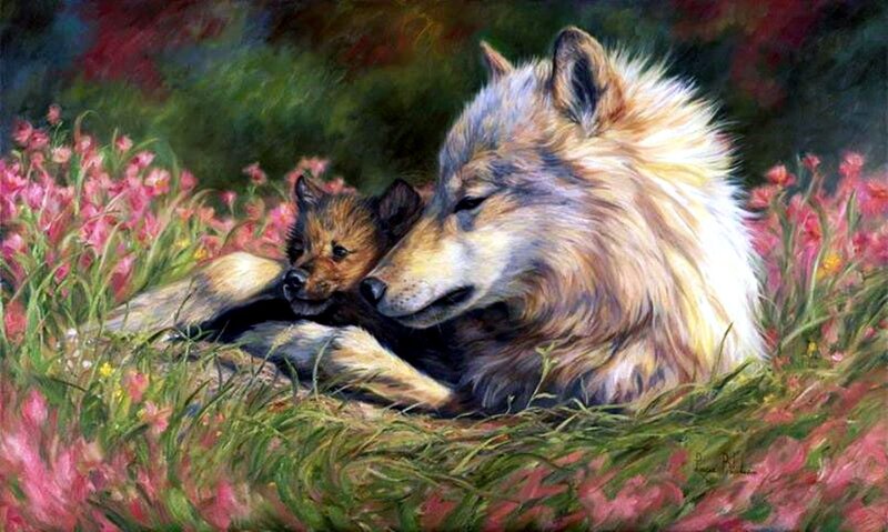 Wolf and Pup in Flowers — Green