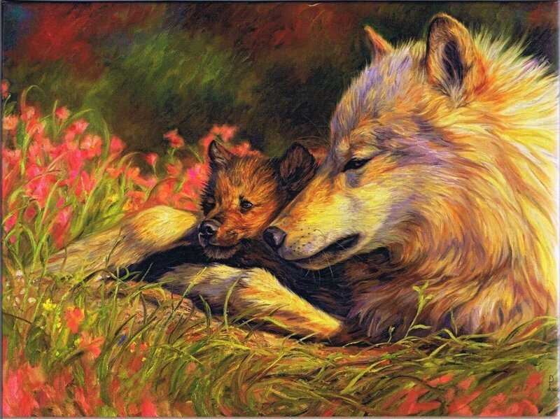 Wolf and Pup in Flowers — Yellow
