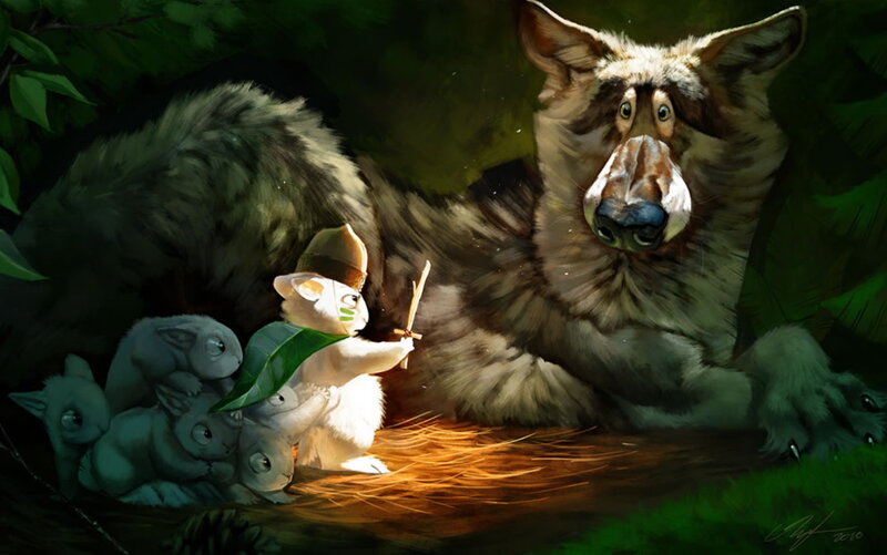 wolf and rabbits in forest