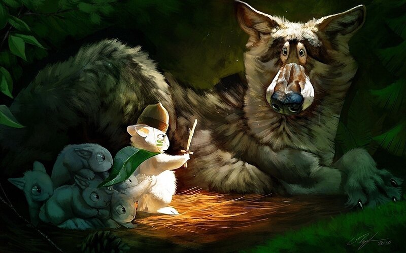 Wolf and Rabbits in Forest — Green