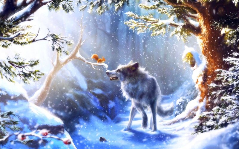 Wolf and Squirrel in Snow