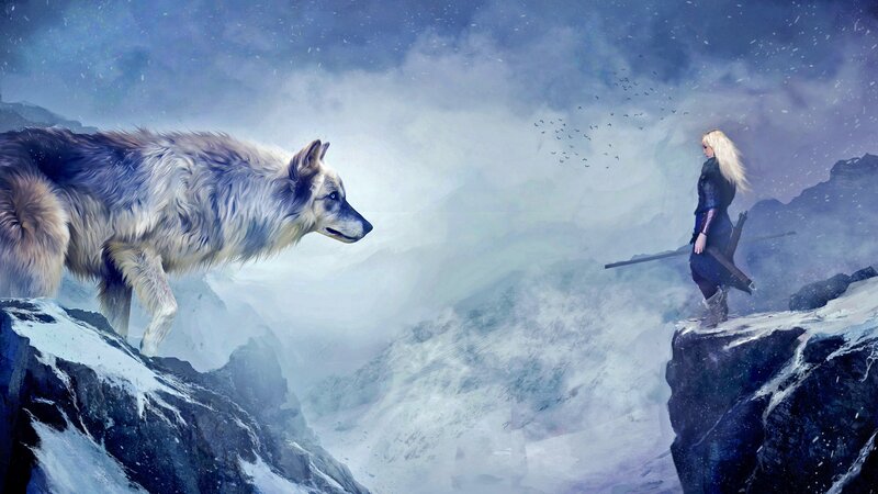 Wolf and Warrior on Cliff — Blue