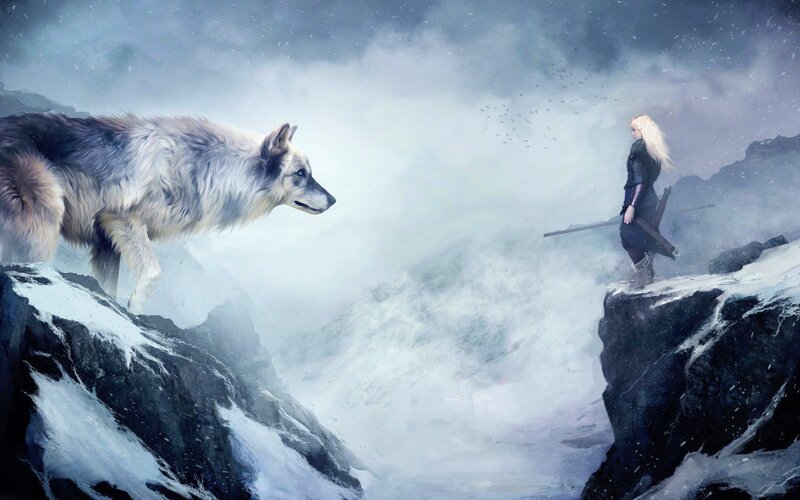 Wolf and Warrior on Cliff