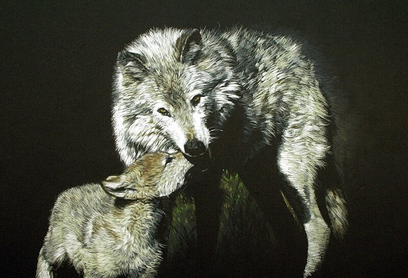 Wolf and Wolf Pup — Black, Dramatic