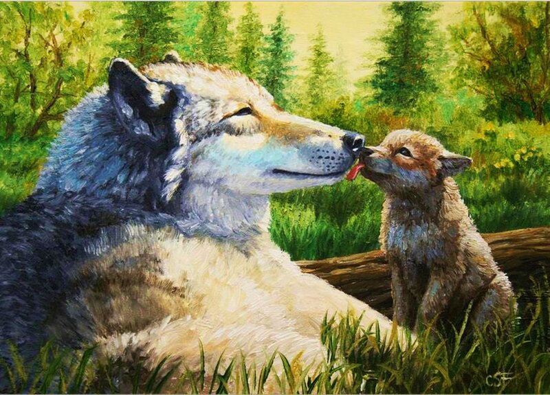 Wolf and Wolf Pup — Green