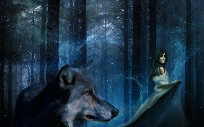 Wolf and Woman in Forest — Blue, Mystical