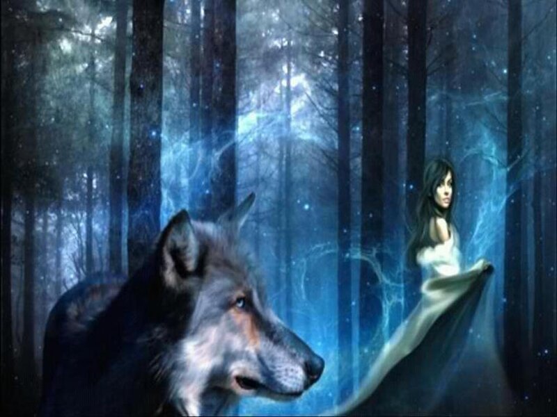 Wolf and Woman in Forest — Blue