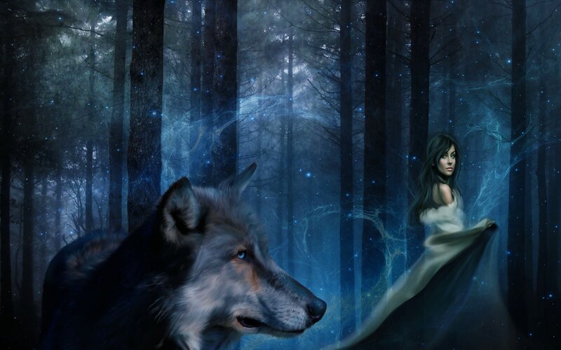 Wolf and Woman in Forest
