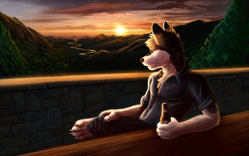 wolf anthropomorphic at sunset