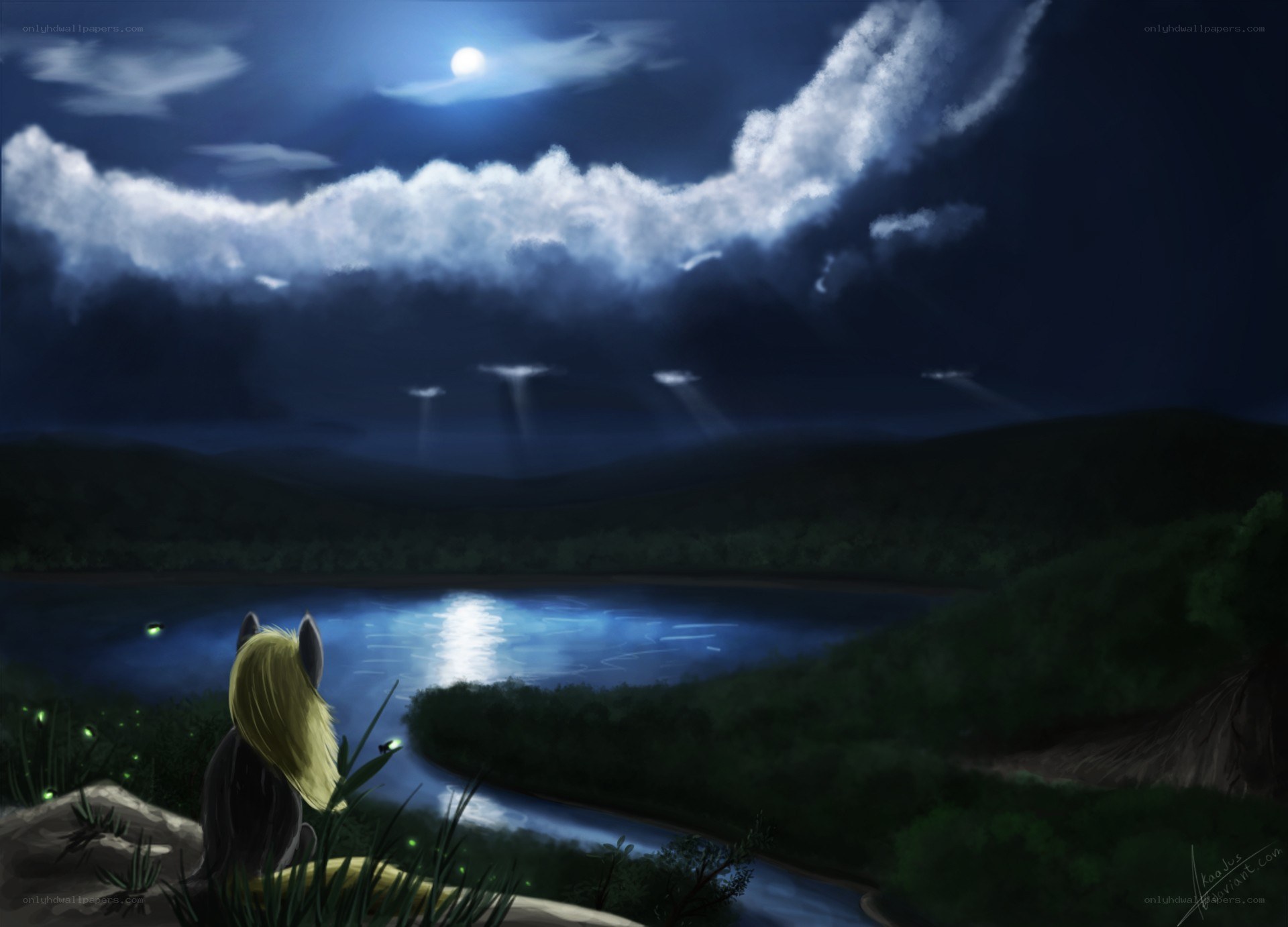 Wolf at the moonlit lake