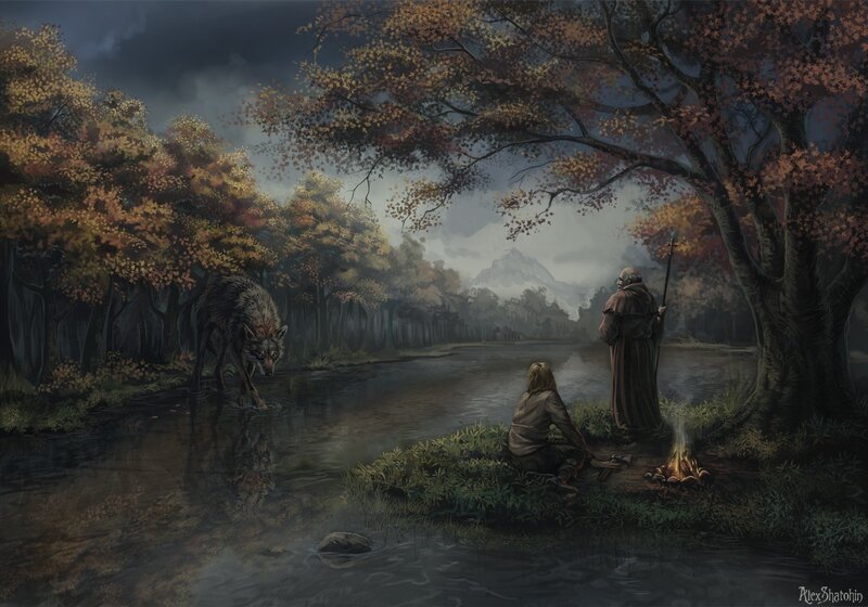 Wolf Drinking from River — Brown, Dramatic