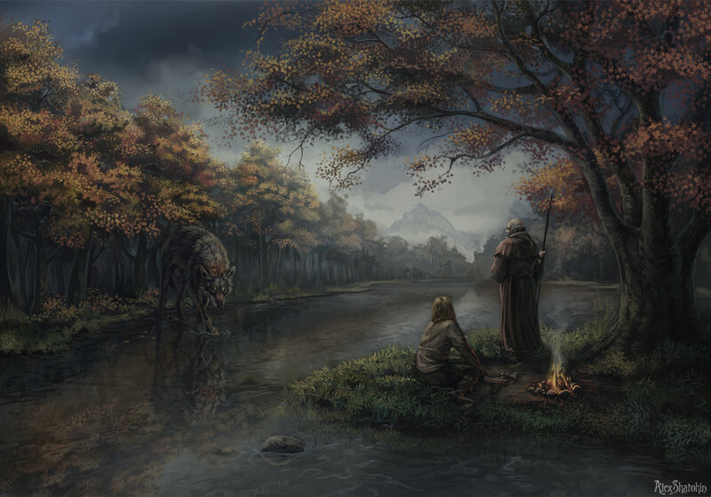 Wolf Drinking from River — Brown