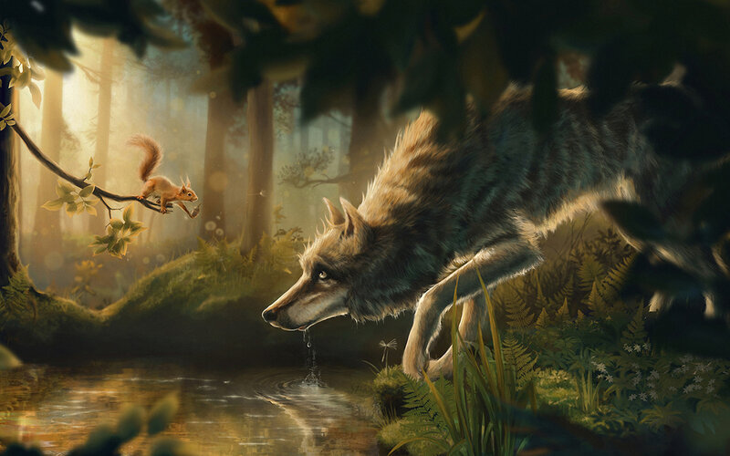 Wolf Drinking from Stream — Green