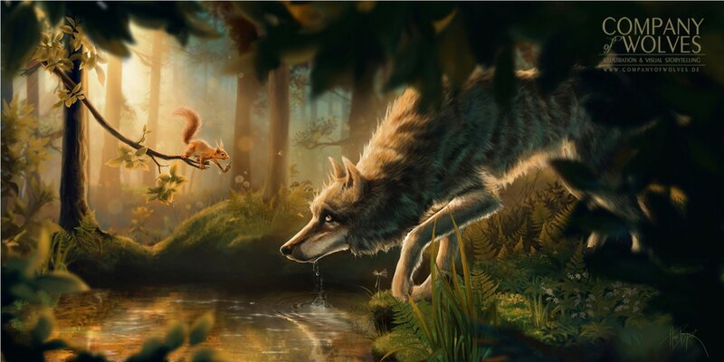 Wolf Drinking Water — Green, Serene
