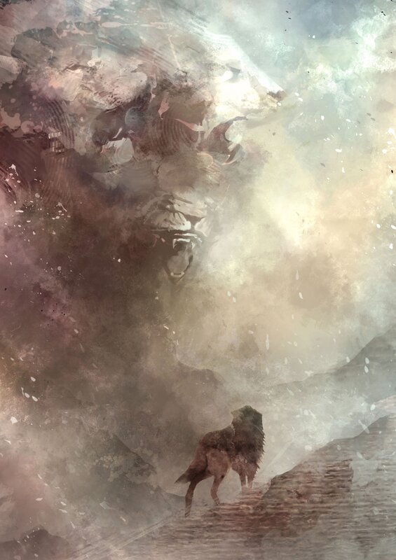 wolf facing a giant beast