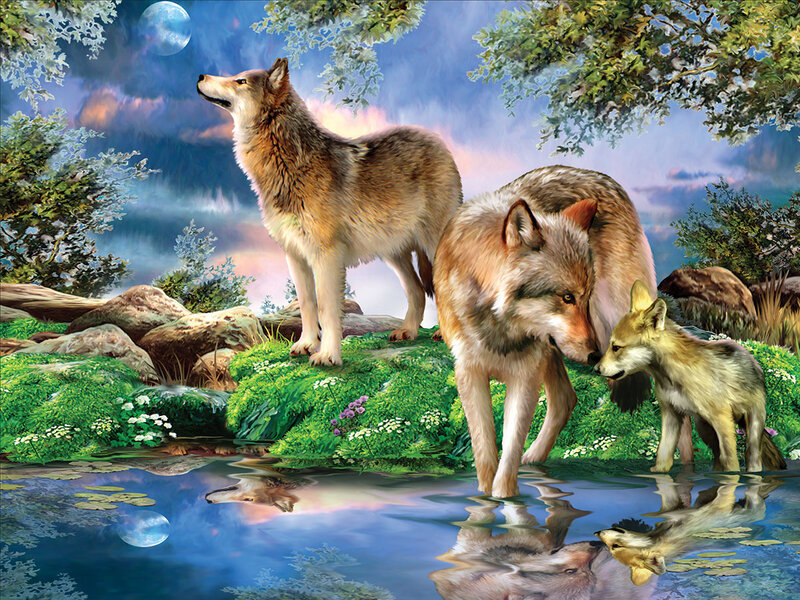 Wolf Family by Water — Blue